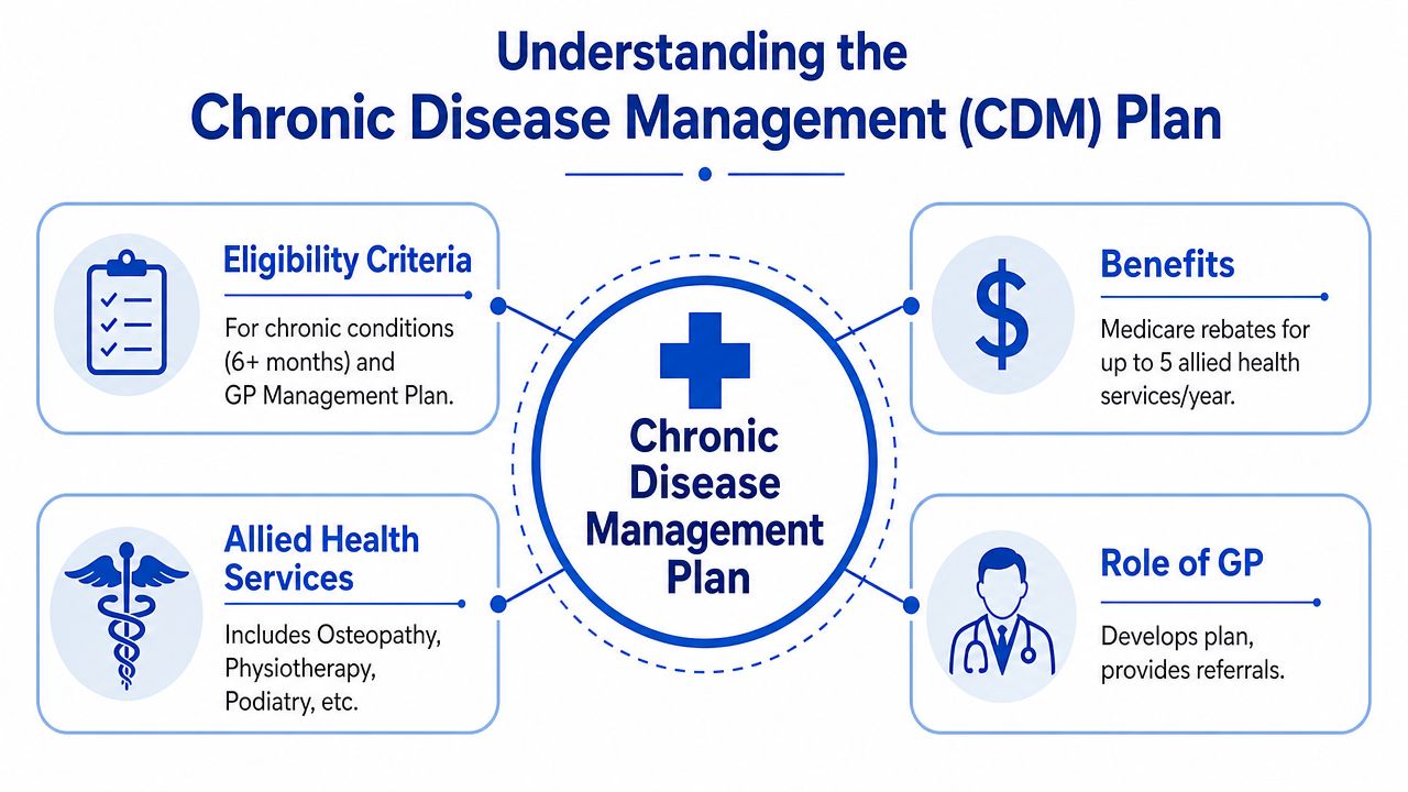 A diagram explaining Chronic Disease Management Plans, eligibility, benefits, services, and the role of GPs.