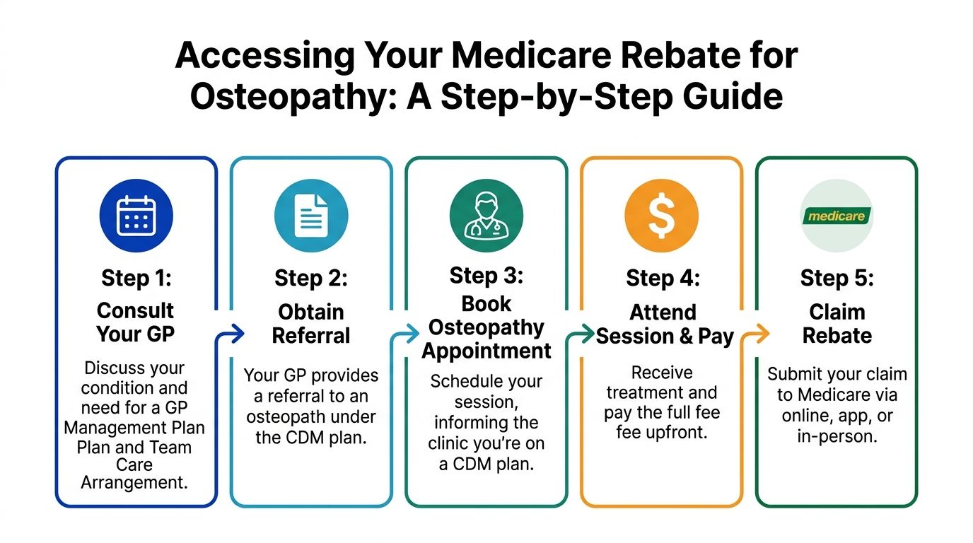 A five-step flowchart guide for patients on how to access Medicare rebates for osteopathy services in Australia.
