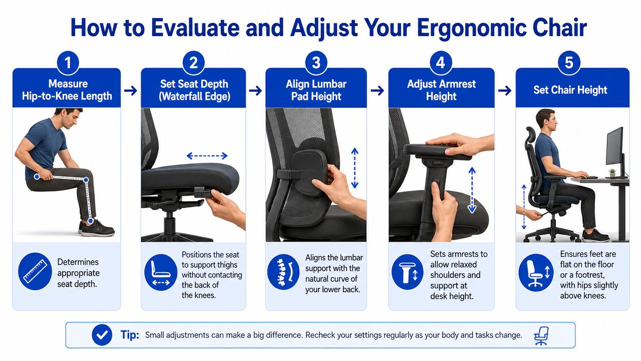A five-step instructional guide on how to properly adjust an ergonomic office chair for better posture.