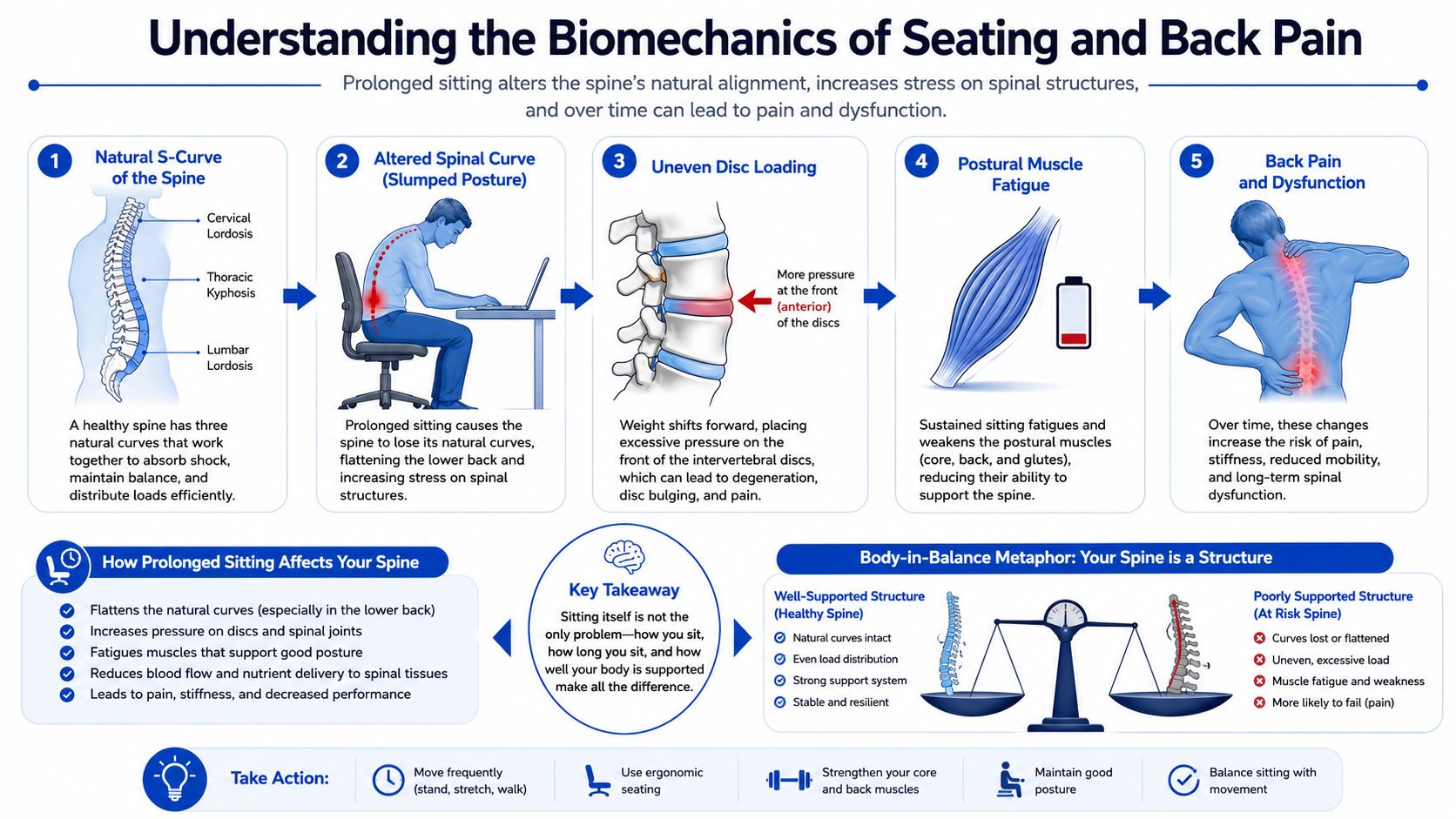An infographic illustrating how prolonged sitting affects spinal health, causing pain and recommending ergonomic changes.