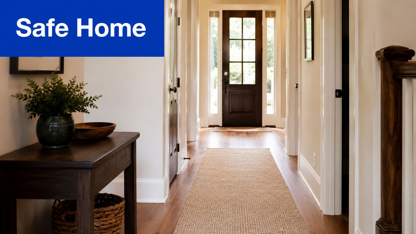 A well-lit, organized home entryway with a wooden table, rug, and clear, safe walking path.