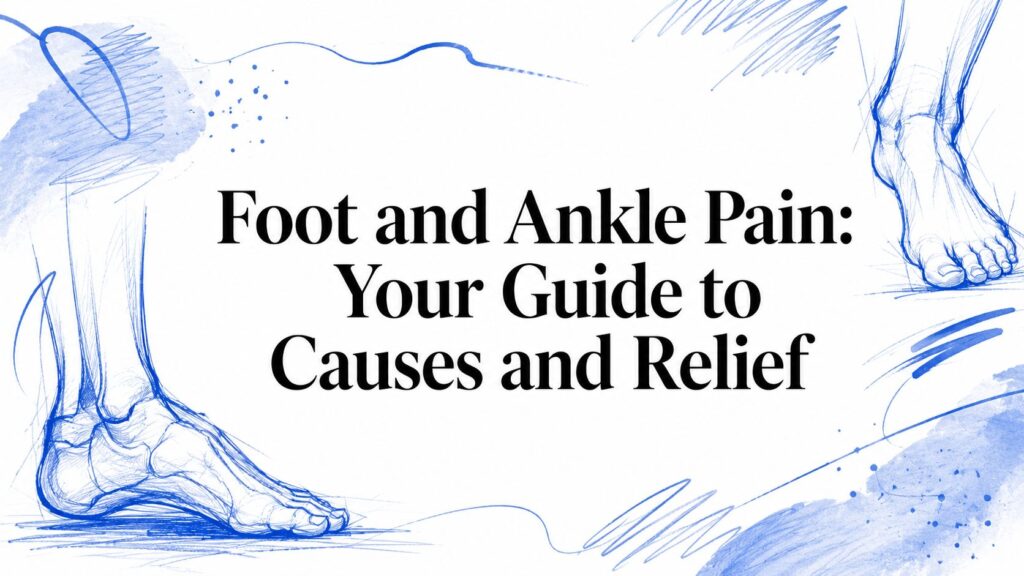 An anatomical sketch showing the foot and ankle structures relevant to pain and movement.