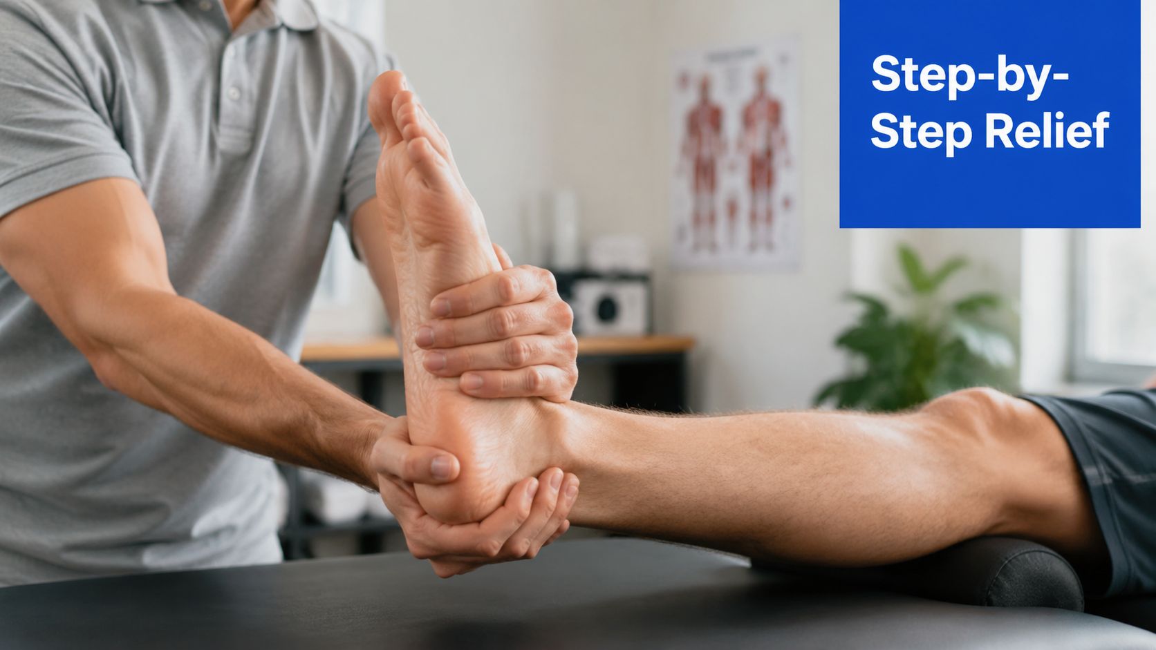 Physical therapist performing a manual therapeutic adjustment on a patient's foot and ankle for pain relief.