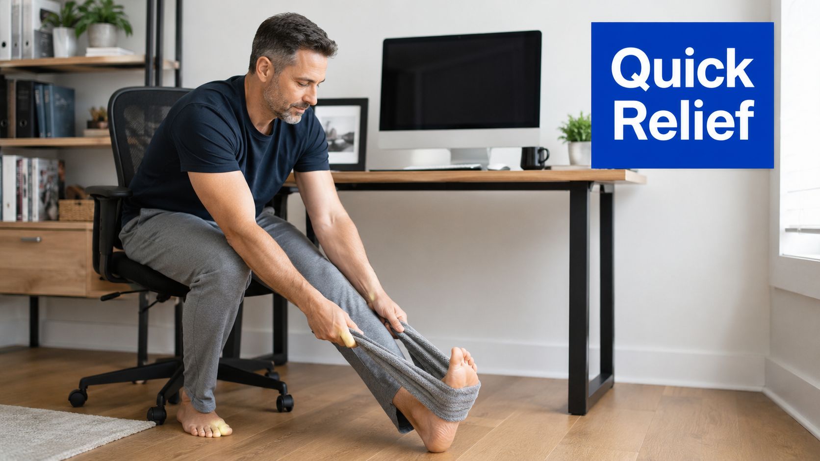 A man sitting on a chair using a towel to perform a foot stretch for pain relief.