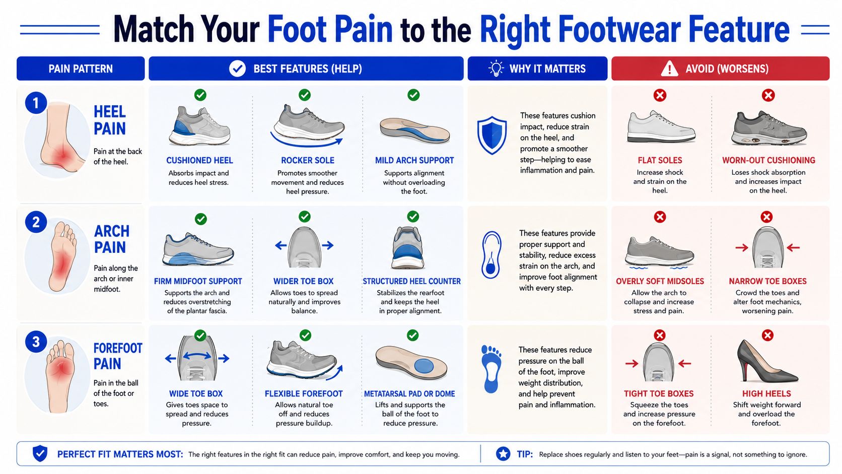 A chart matching three types of common foot pain patterns with recommended and harmful footwear features.