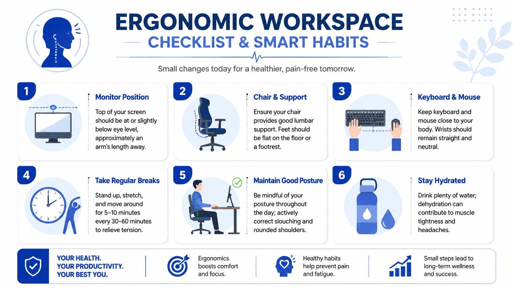 An infographic detailing six essential tips for maintaining an ergonomic workspace to prevent pain and improve posture.
