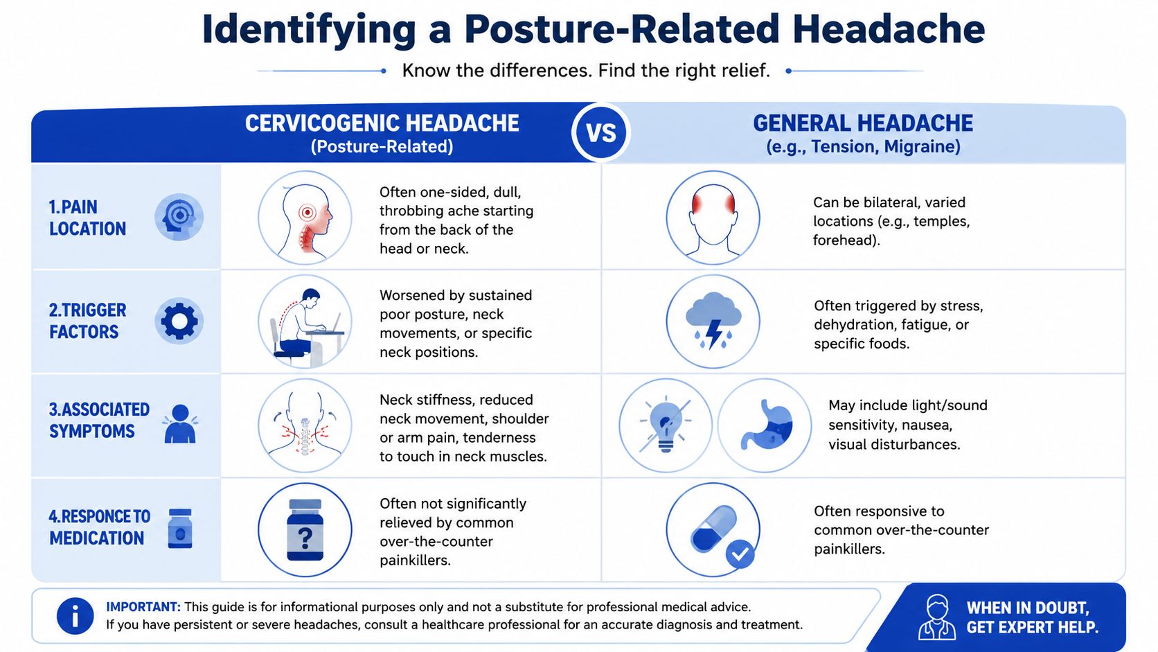 A comparison chart outlining the differences between cervicogenic, posture-related headaches and general headaches like migraines.