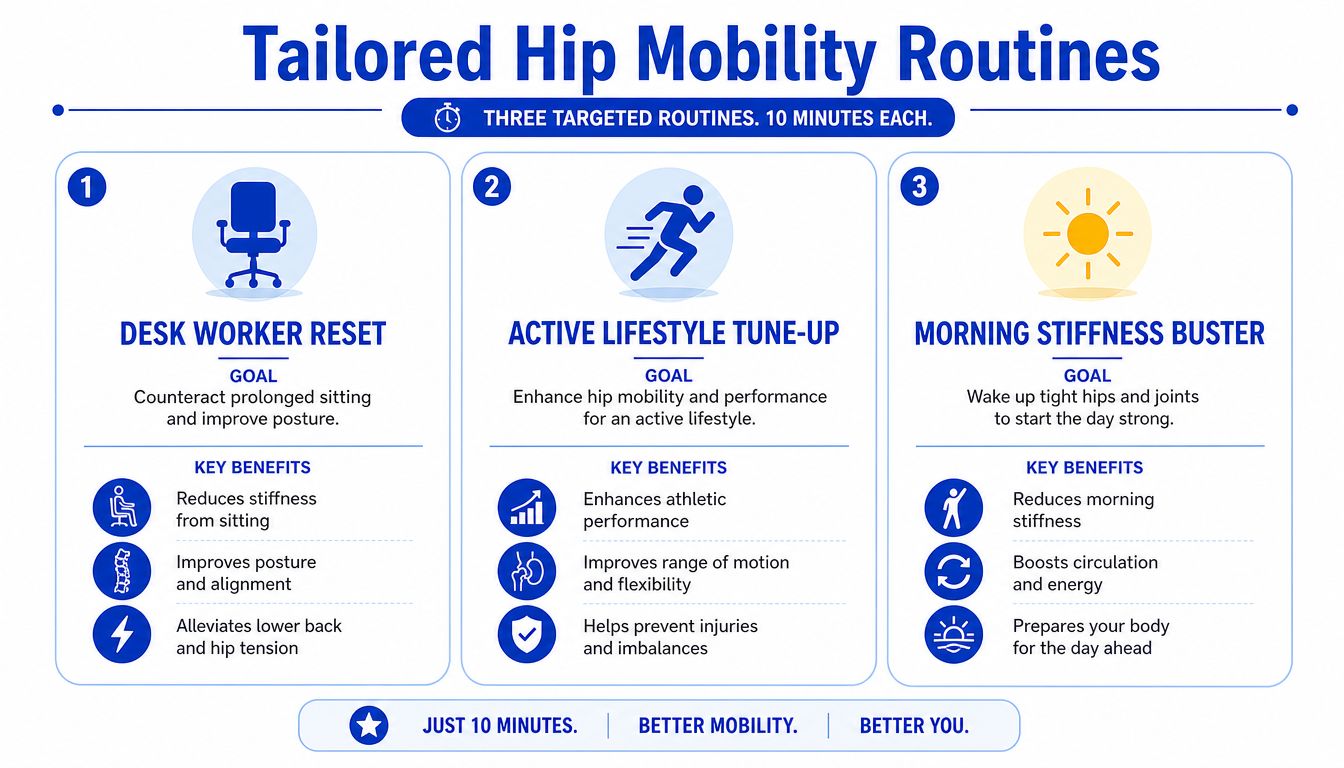 An infographic detailing three 10-minute hip mobility routines for desk workers, active individuals, and morning stiffness.