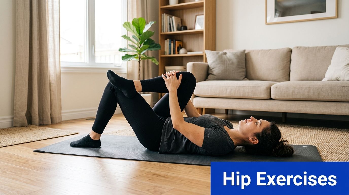 A woman performing a lying hip stretch on a yoga mat in a cozy, bright living room.