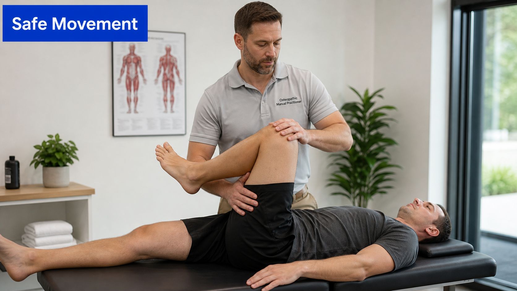 An osteopath performing hip mobility exercises on a patient lying down on a therapy table.