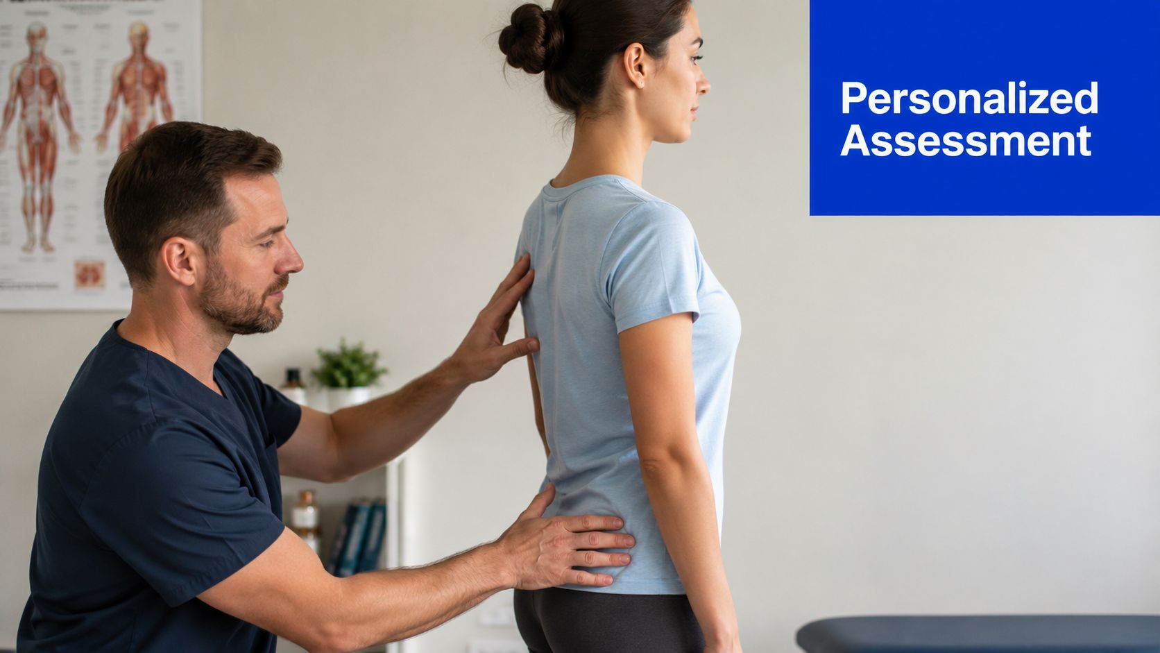 A professional chiropractor performing a physical back and spine assessment on a female patient in clinic.