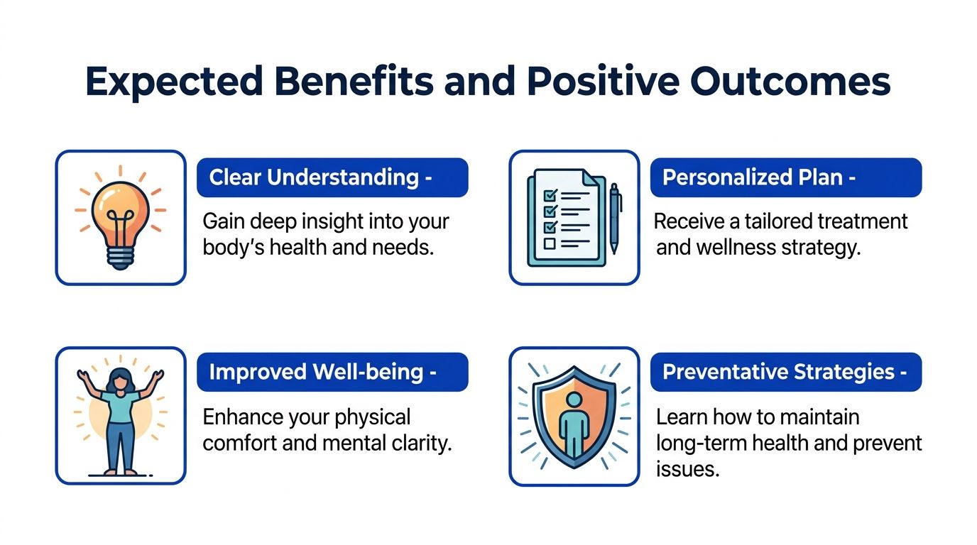 A graphic infographic listing expected health benefits including clear understanding, personalized plans, improved well-being, and preventative strategies.