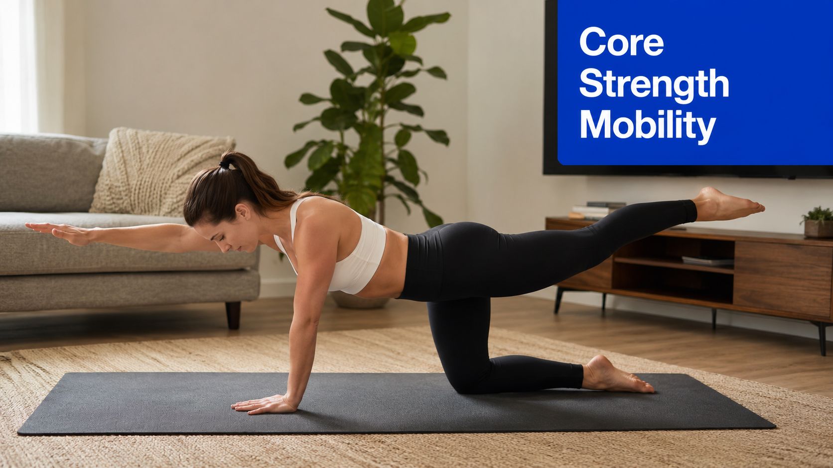 A woman performing a bird-dog exercise on a yoga mat in a home living room setting.