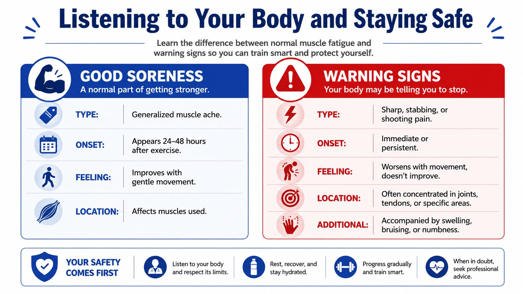 A comparison chart showing the differences between normal muscle soreness and dangerous exercise-related pain symptoms.