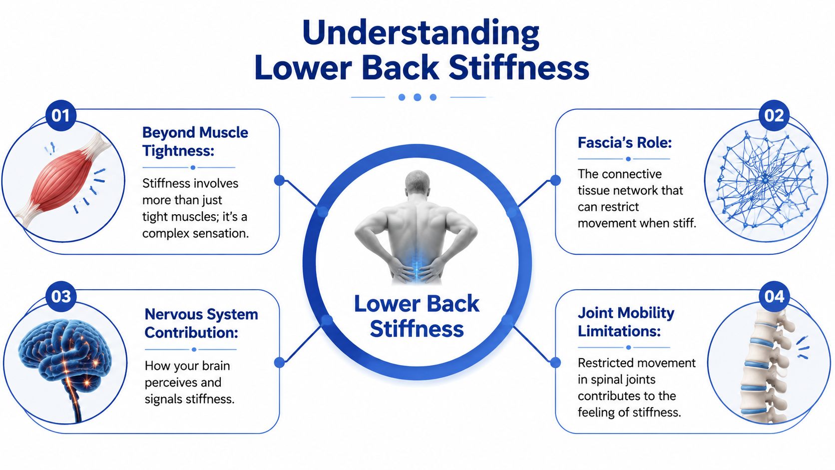 An infographic titled Understanding Lower Back Stiffness showing four factors: muscles, fascia, nervous system, and joints.