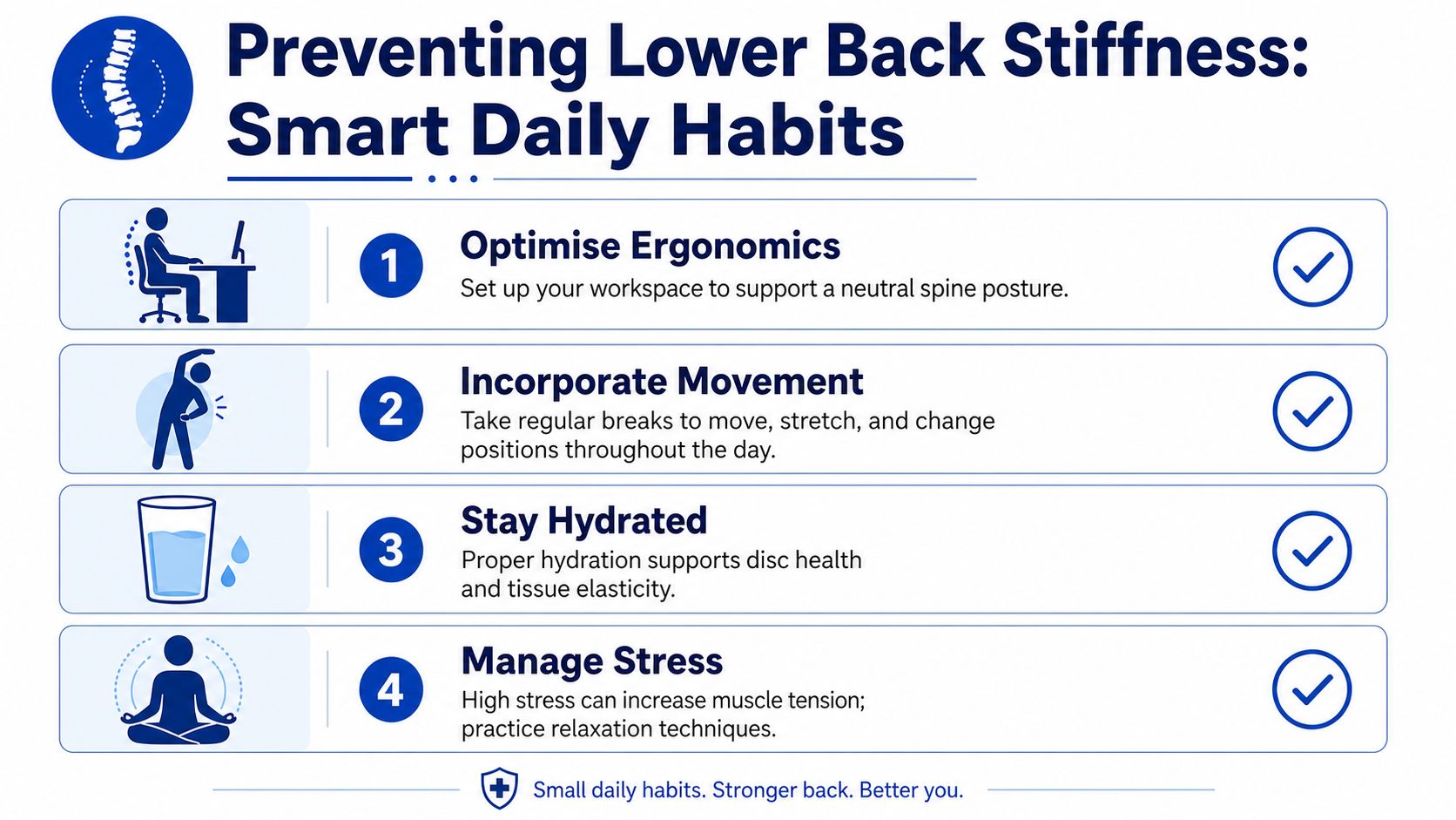An infographic titled Preventing Lower Back Stiffness: Smart Daily Habits showing four tips for back health.