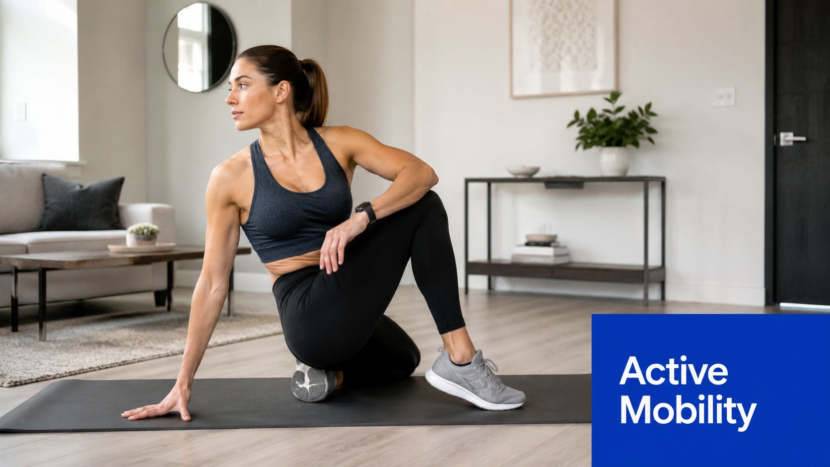 A woman in athletic wear performing a seated spinal twist stretch on a yoga mat to improve mobility.