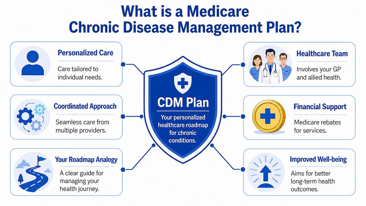 An infographic explaining a Medicare Chronic Disease Management Plan as a roadmap for personalized healthcare.