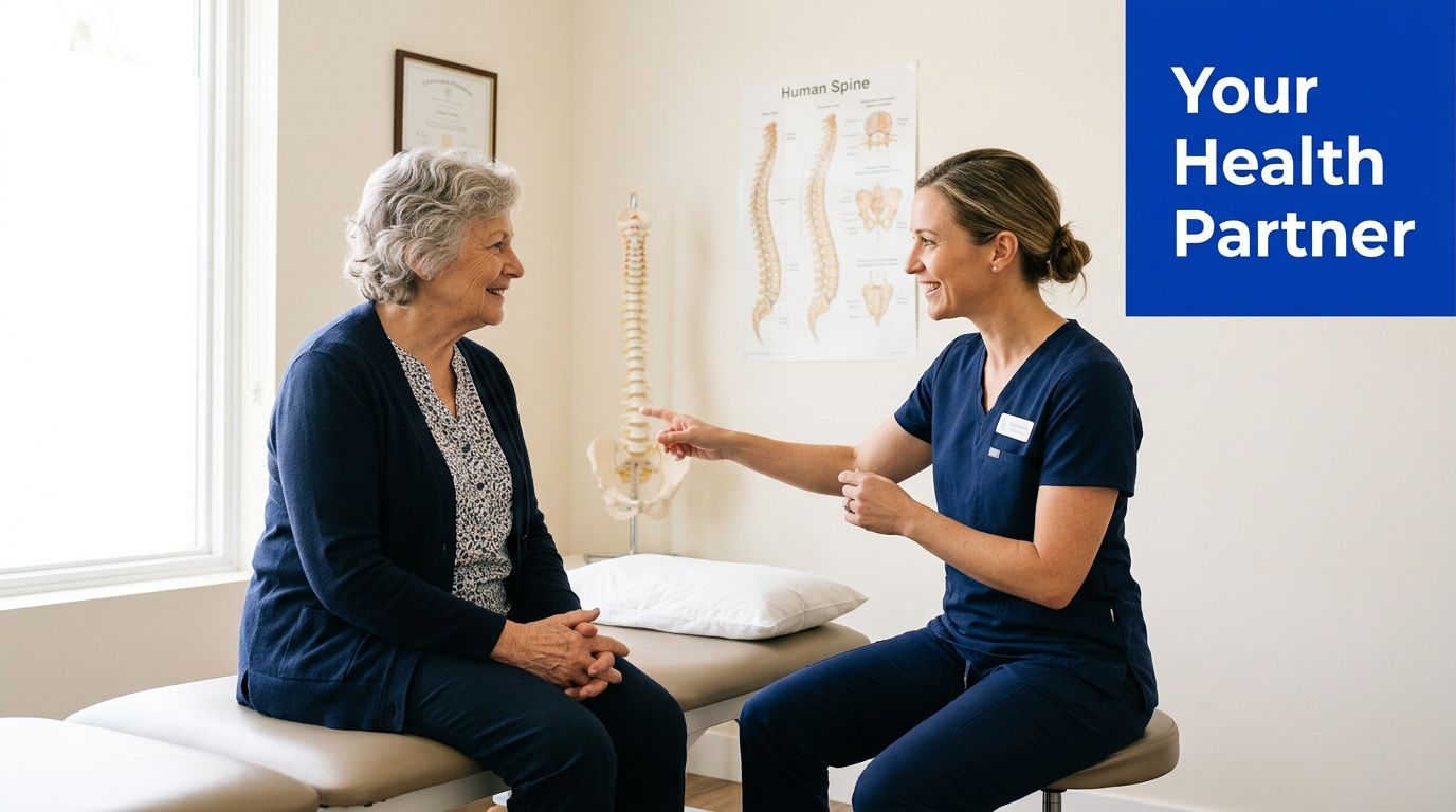 A friendly female physical therapist consults with an elderly female patient in a medical clinic office.