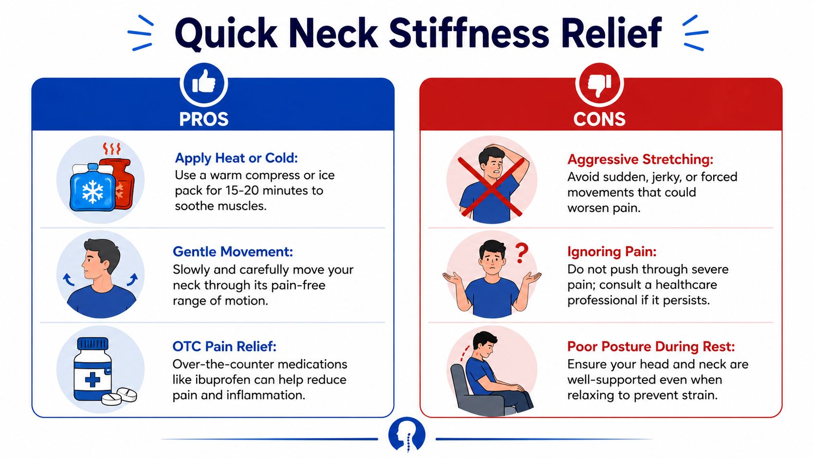 An infographic titled Quick Neck Stiffness Relief showing pros and cons for managing neck pain at home.
