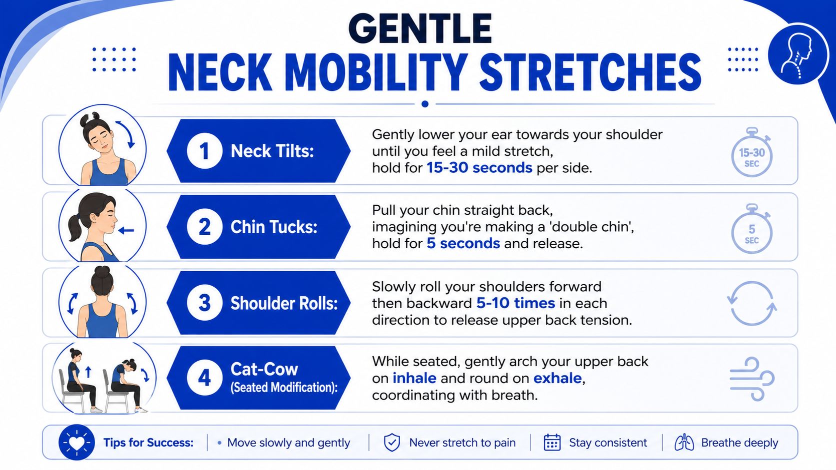 A visual guide for gentle neck mobility stretches, including neck tilts, chin tucks, shoulder rolls, and seated cat-cow.