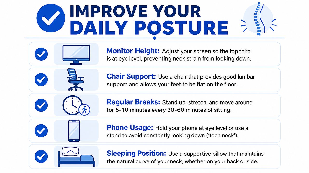 An infographic titled Improve Your Daily Posture showing tips for monitor height, chair support, breaks, phone usage, and sleeping.