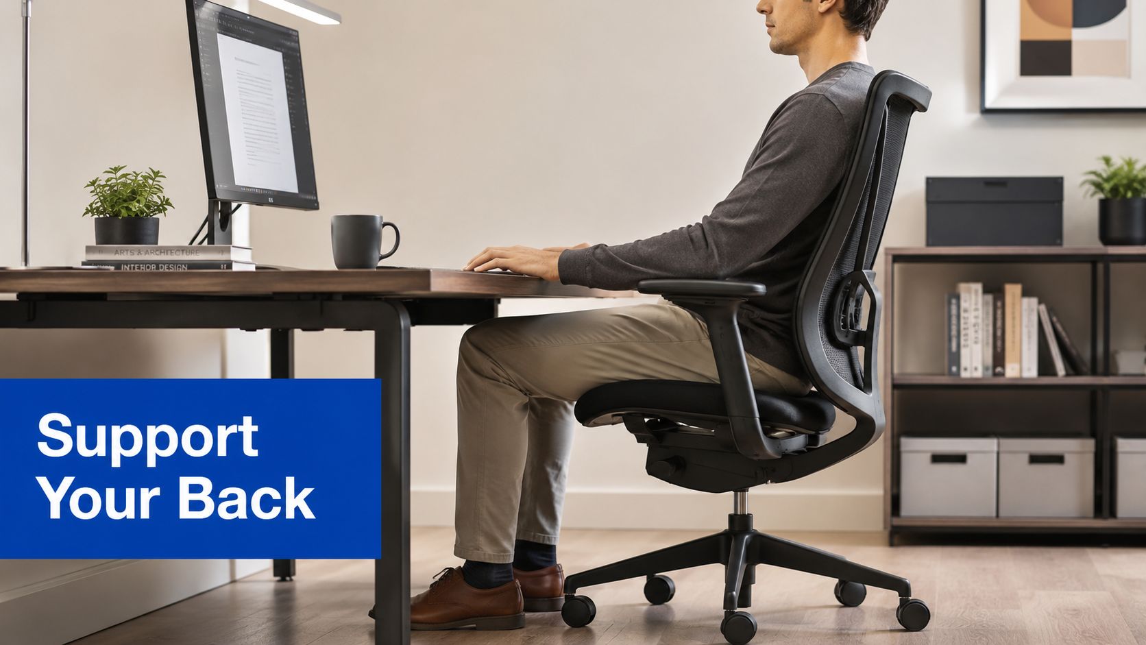 A man sitting at his office desk with good posture on an ergonomic office chair for back support.