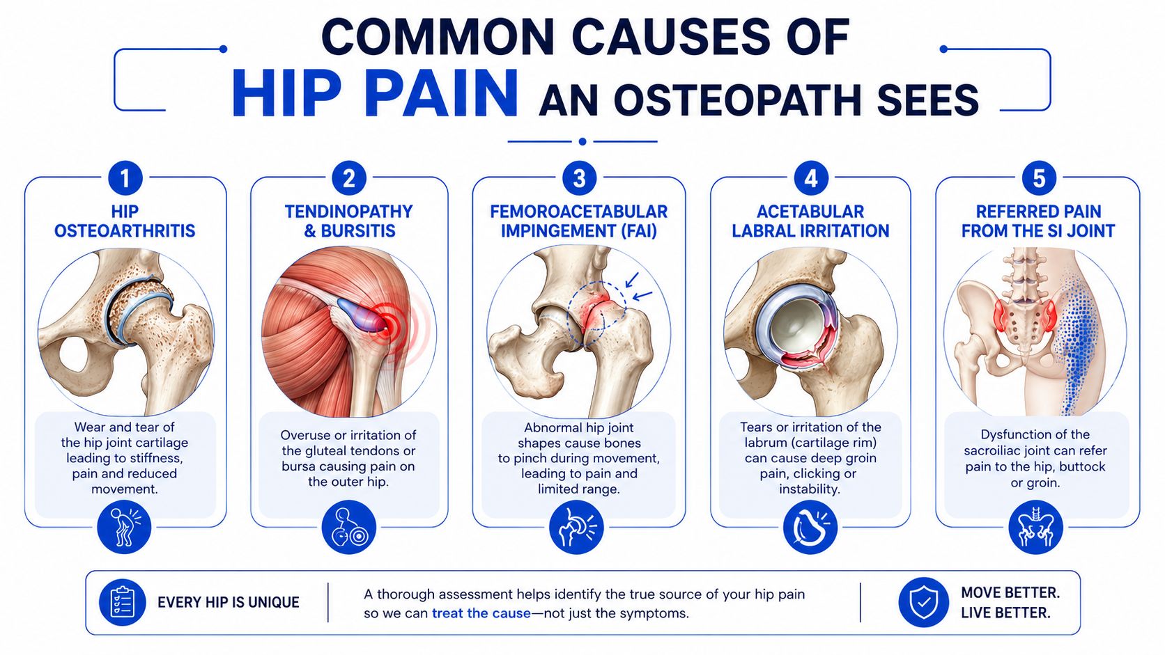 An infographic showing five common causes of hip pain diagnosed by osteopaths, including joint and muscle issues.