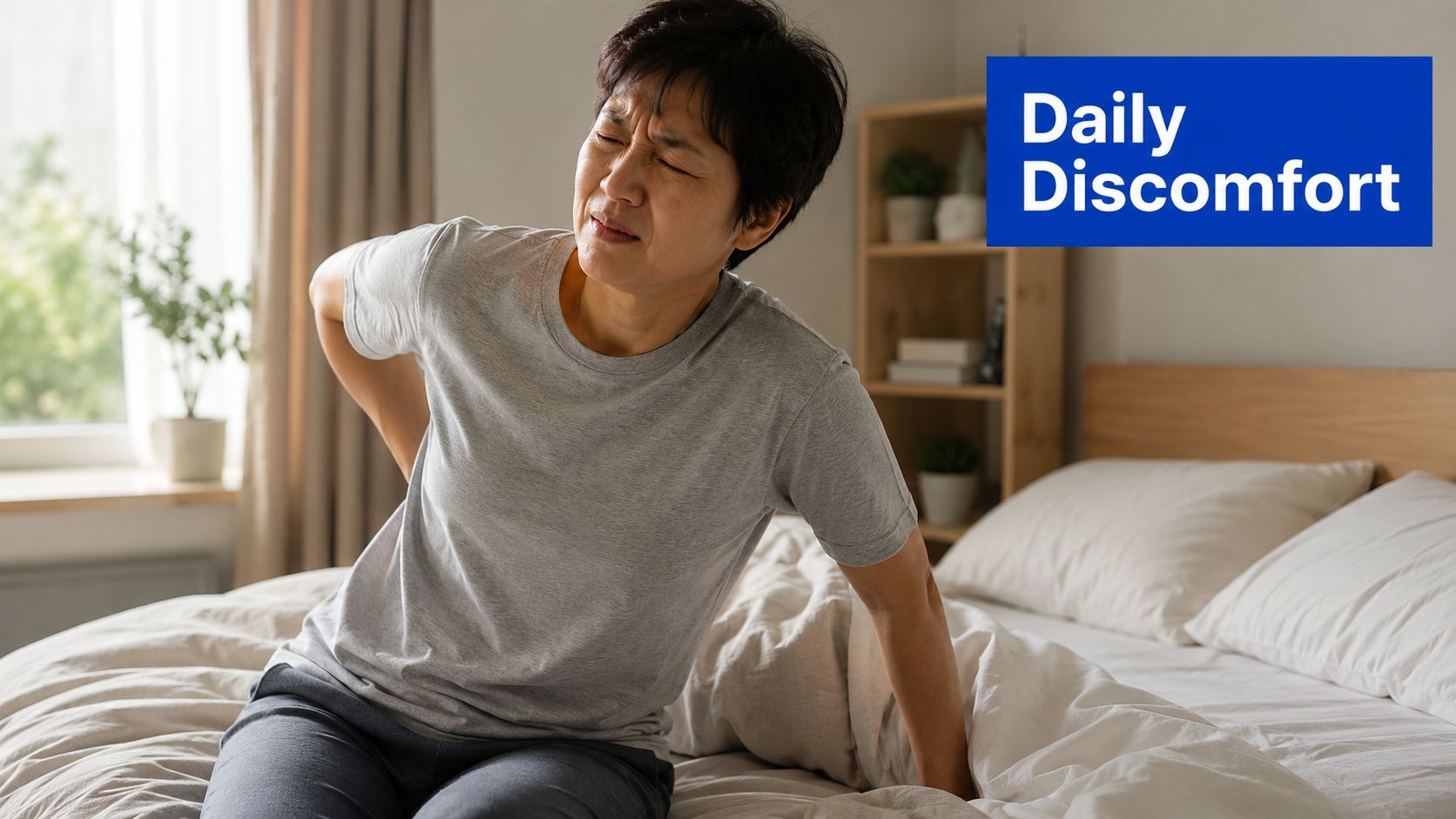 A woman in her fifties sitting on a bed and grimacing due to chronic lower back pain.