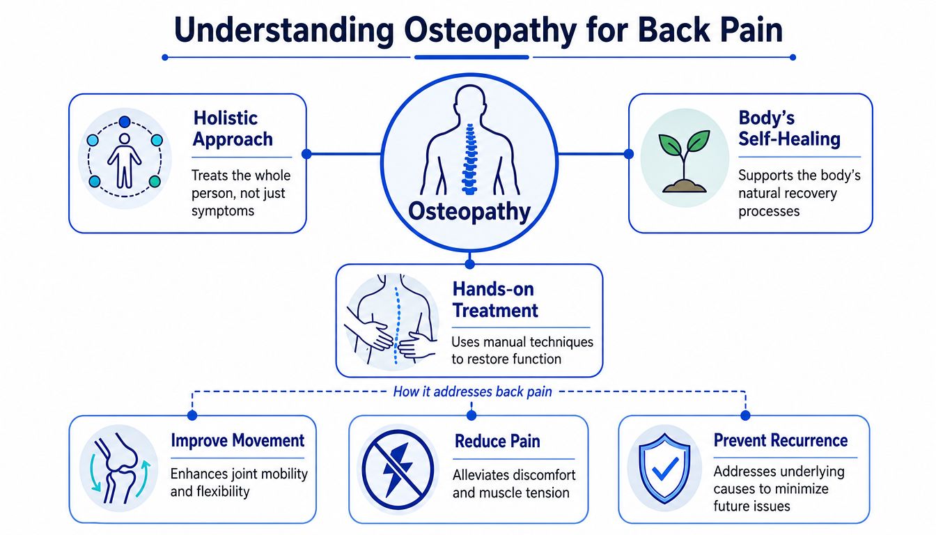 An infographic titled Understanding Osteopathy for Back Pain, illustrating holistic, self-healing, and hands-on treatment approaches for recovery.