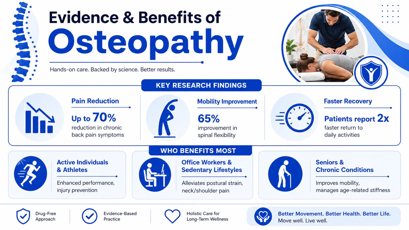 An infographic titled Evidence and Benefits of Osteopathy highlighting its effectiveness for pain, recovery, and various populations.