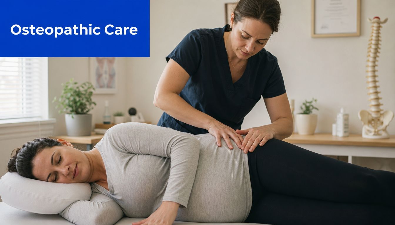 A professional osteopath performs a manual therapy treatment on a pregnant patient lying on her side.