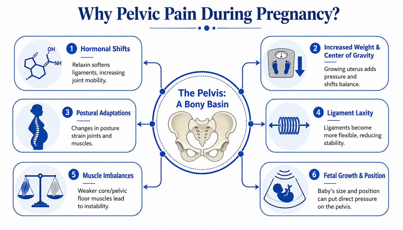 An infographic detailing six causes of pelvic pain during pregnancy including hormonal shifts and postural adaptations.