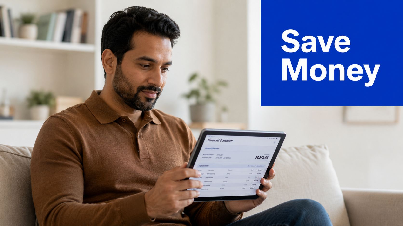 A man in a brown shirt sitting on a sofa reviewing his digital financial statement on a tablet.