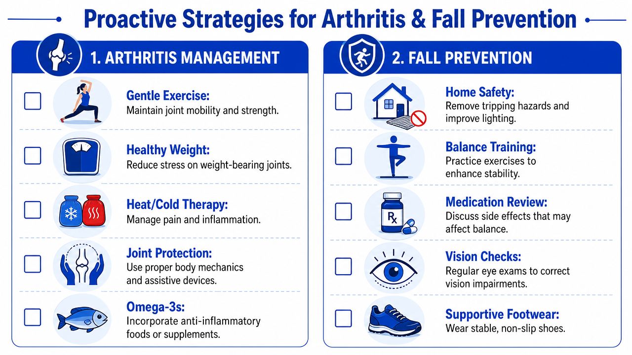 An infographic showing proactive strategies for arthritis management and fall prevention, featuring a helpful checklist.