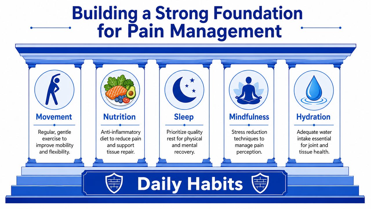An infographic showing five pillars of pain management, including movement, nutrition, sleep, mindfulness, and daily hydration.