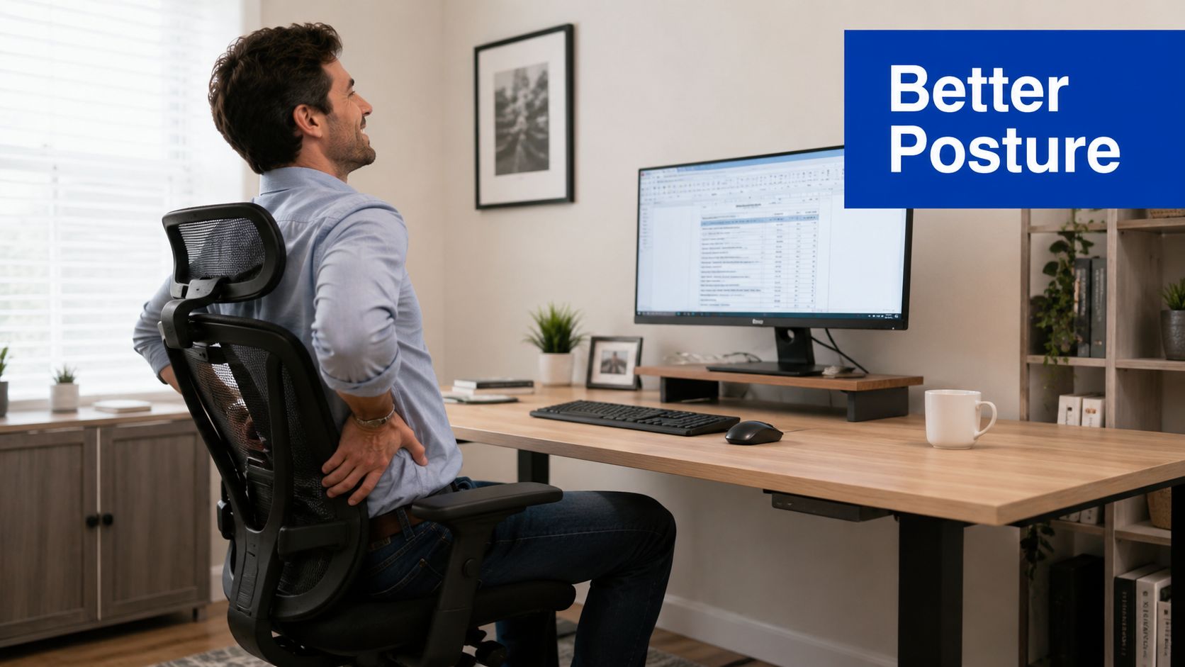 A man sitting at his desk at home, demonstrating better posture by adjusting his lumbar support.