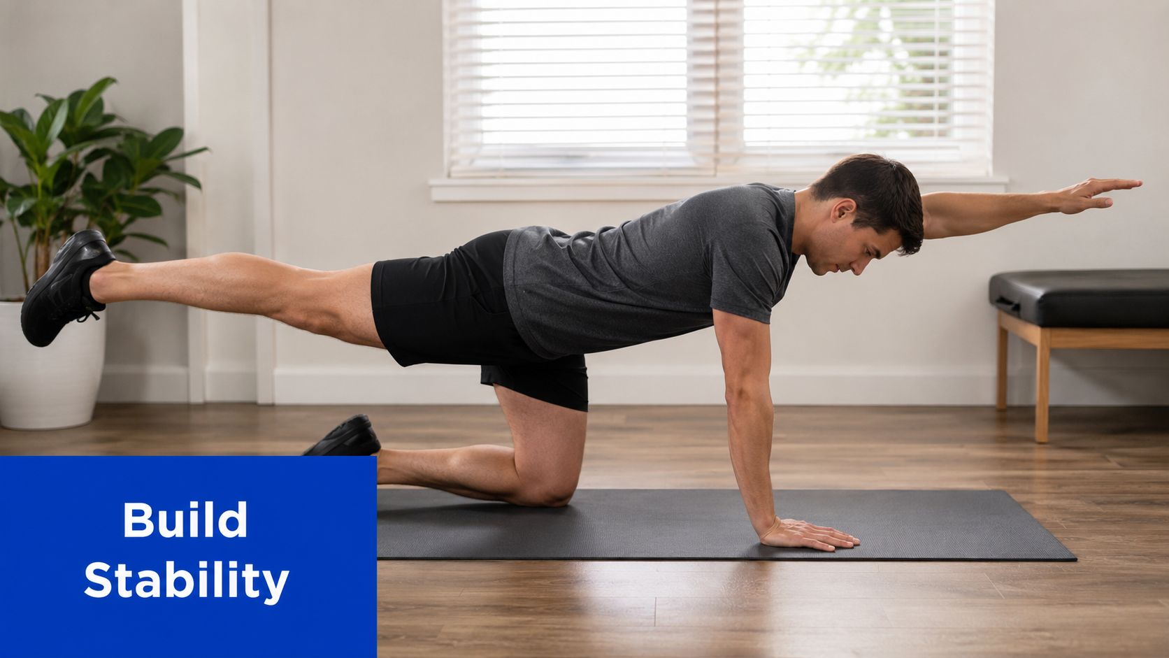 A man performing a bird dog exercise on a yoga mat to improve his core stability.