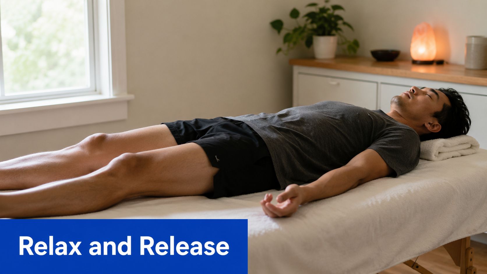 A man lying in a relaxed state on a massage table, practicing self-management strategies for stress relief.