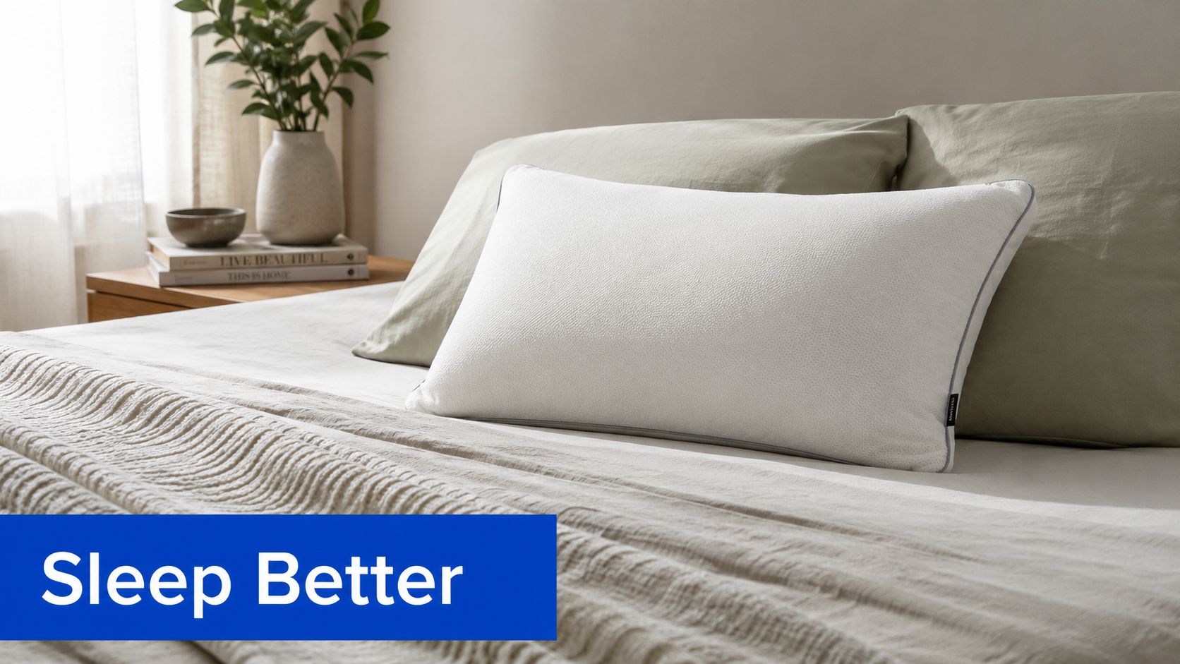 A clean, minimalist bedroom scene featuring a soft white pillow resting on a made bed.
