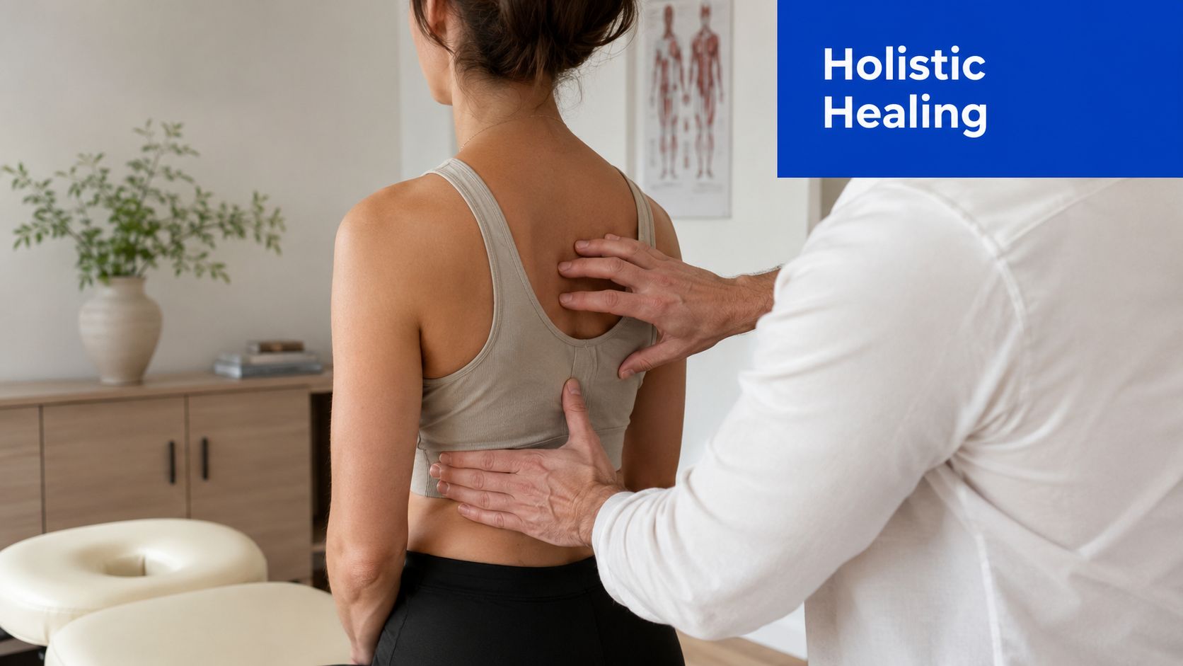 A professional therapist performing a manual spinal adjustment on a patient's back in a serene clinic.
