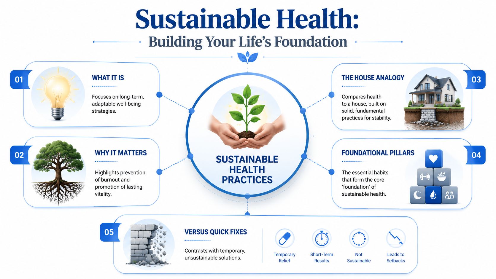 An infographic titled Sustainable Health illustrating the concept of building life's foundation through long-term habits and practices.