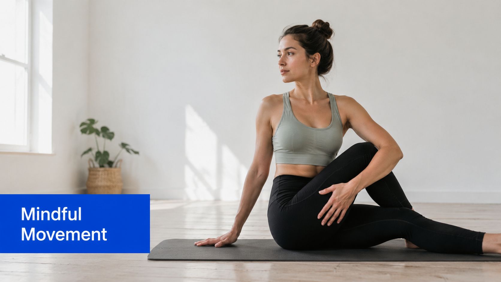 A woman practicing a seated yoga twist on a mat in a bright, minimalist room.
