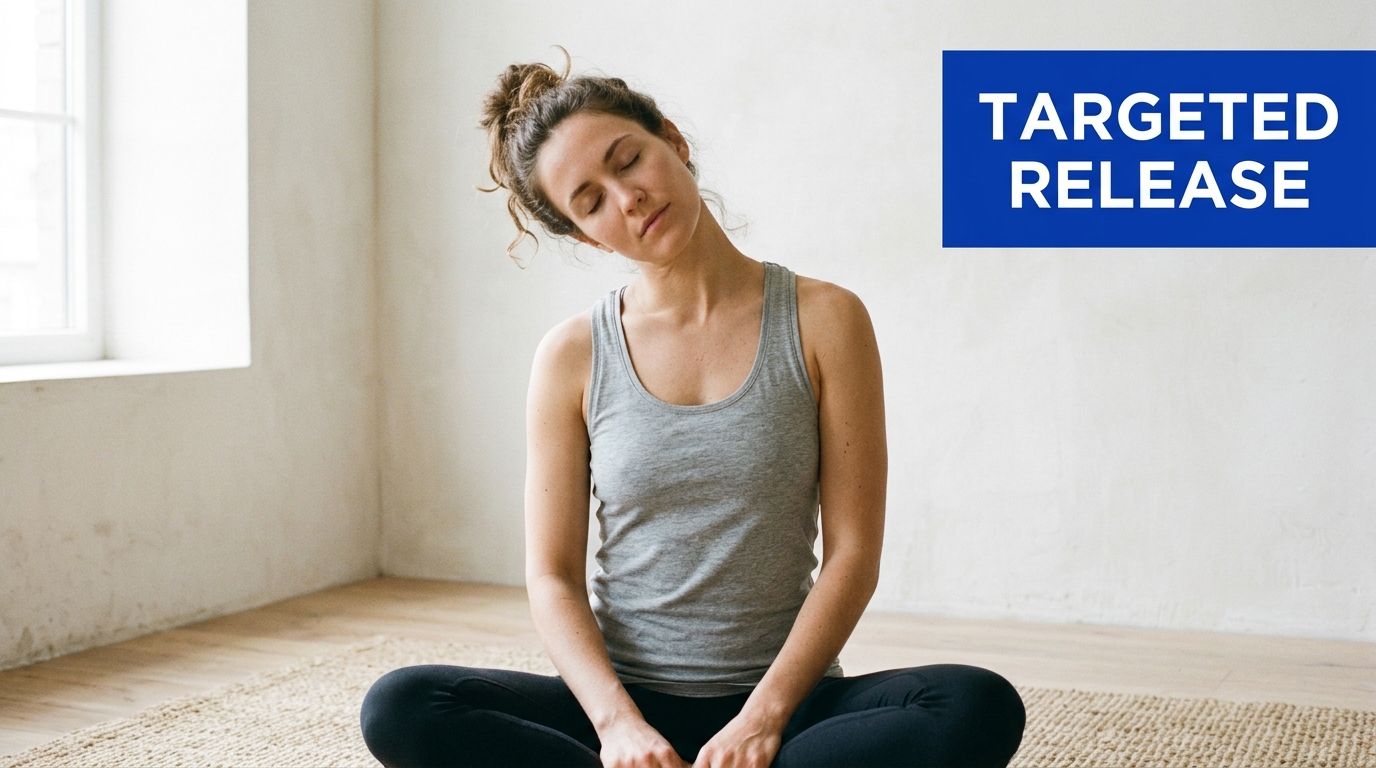 A woman performing a neck stretch while sitting on the floor to help ease neck tension.