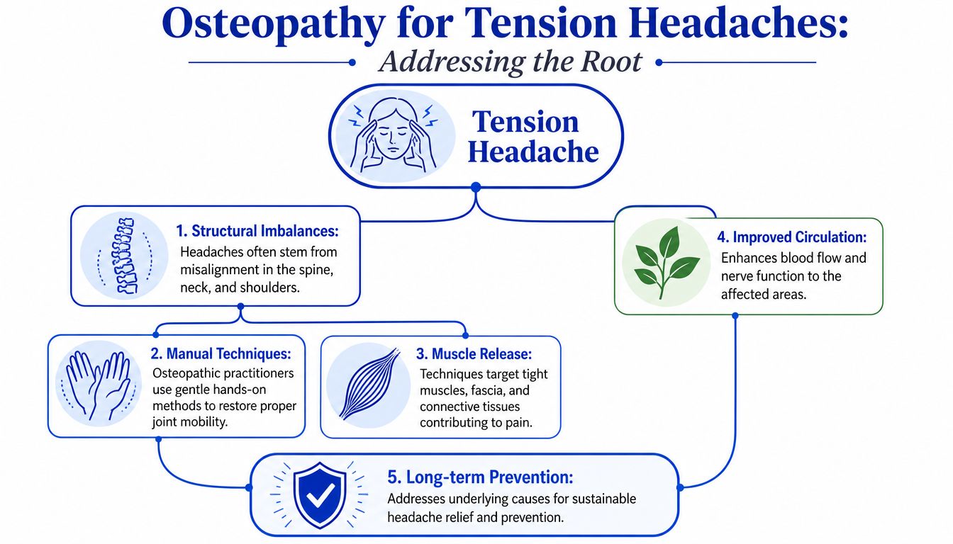 An infographic diagram explaining how osteopathy addresses the root causes of tension headaches through various treatments.