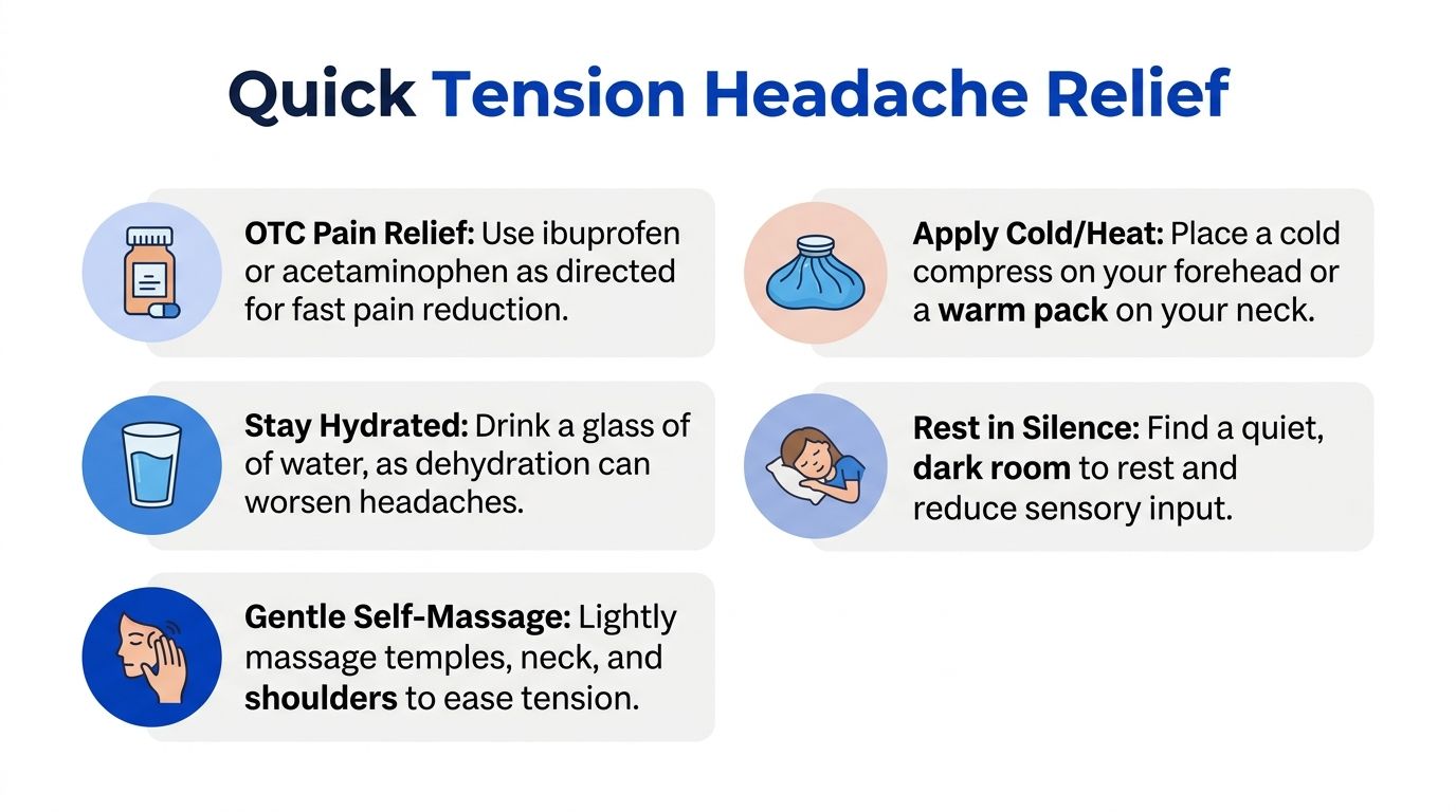 A helpful infographic showing five effective, non-invasive methods for quick tension headache relief at home.