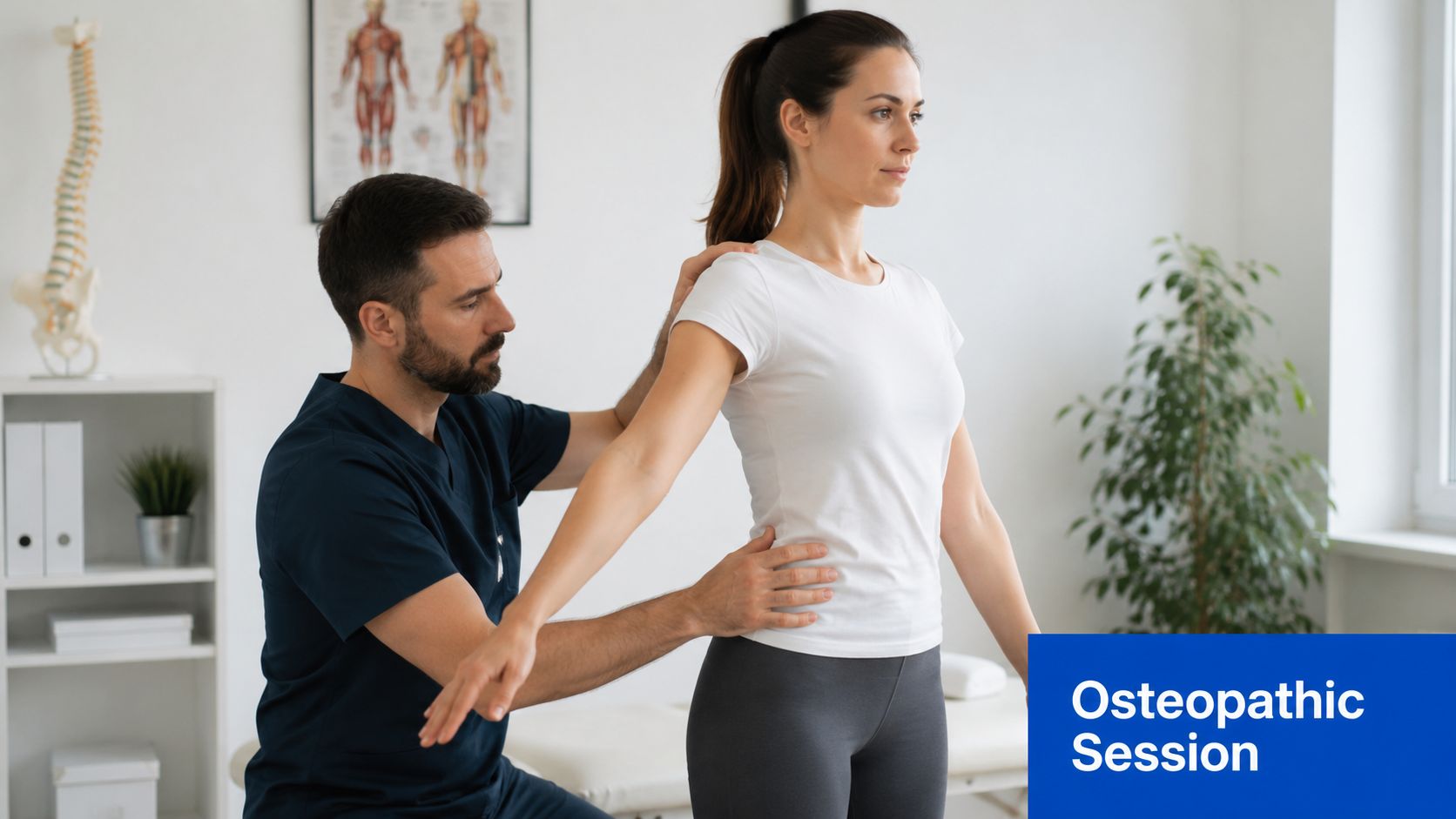 An osteopath performing a physical examination on a female patient's shoulder in a clinical setting.