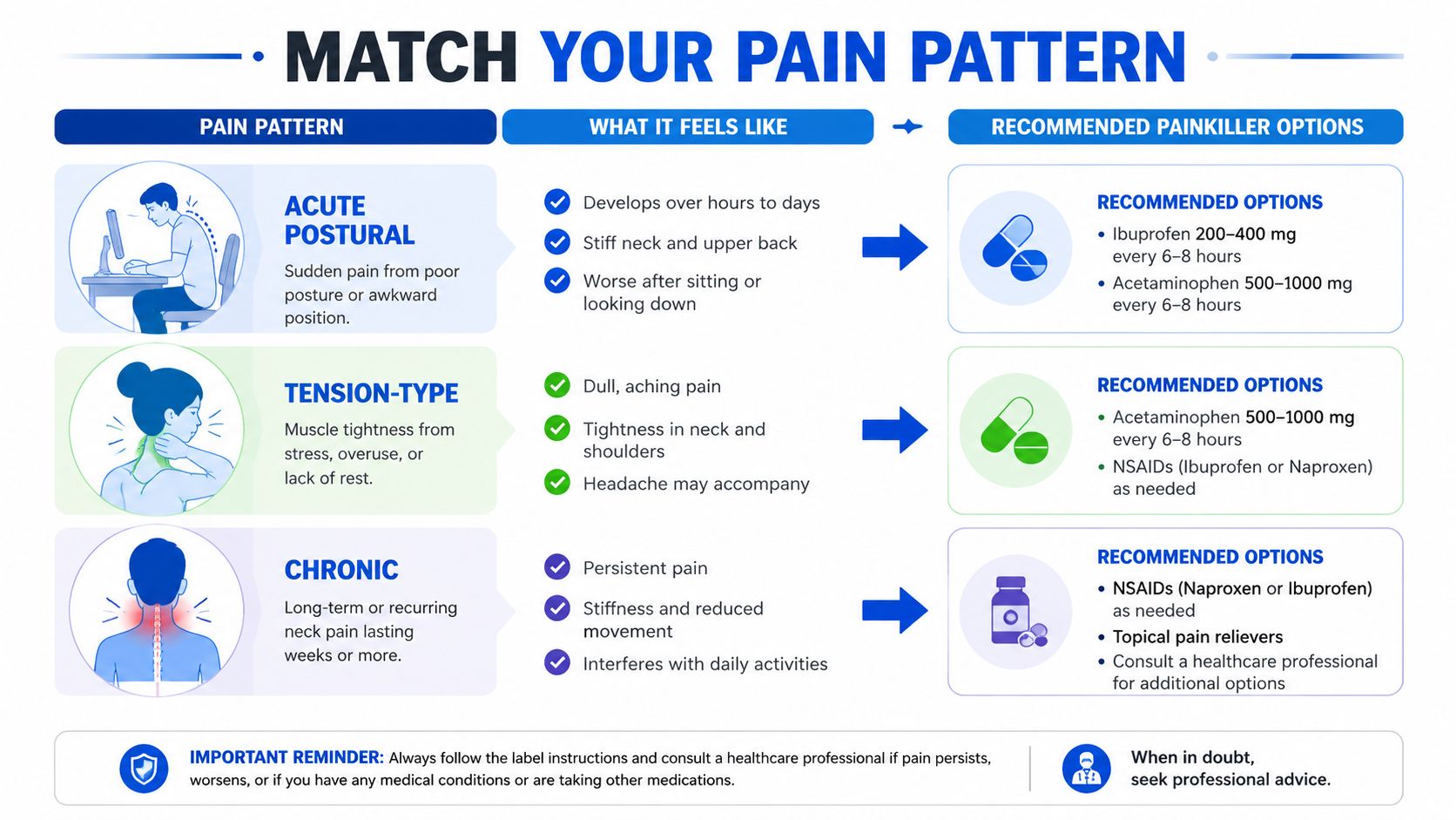 An infographic chart displaying pain patterns, symptoms, and recommended painkiller options for managing neck pain.