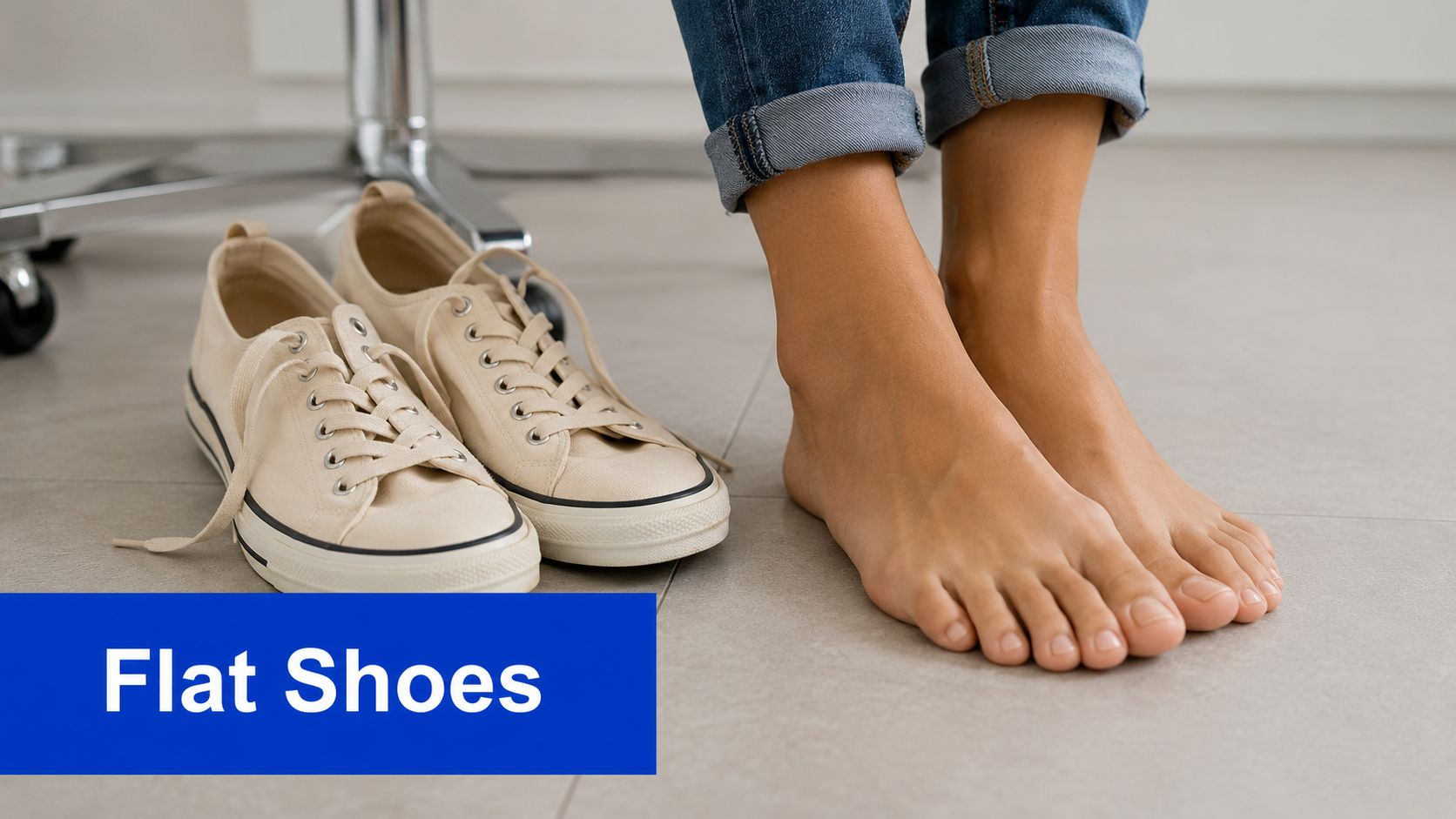 A person sitting with their bare feet on a tiled floor next to a pair of sneakers.