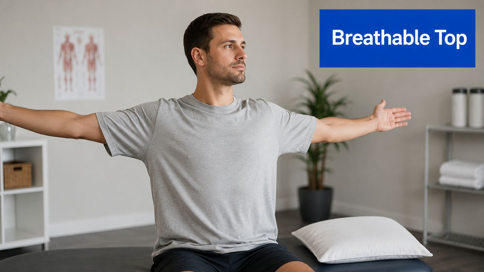 A man wearing a comfortable, breathable gray t-shirt performing arm stretches in a clinical office setting.